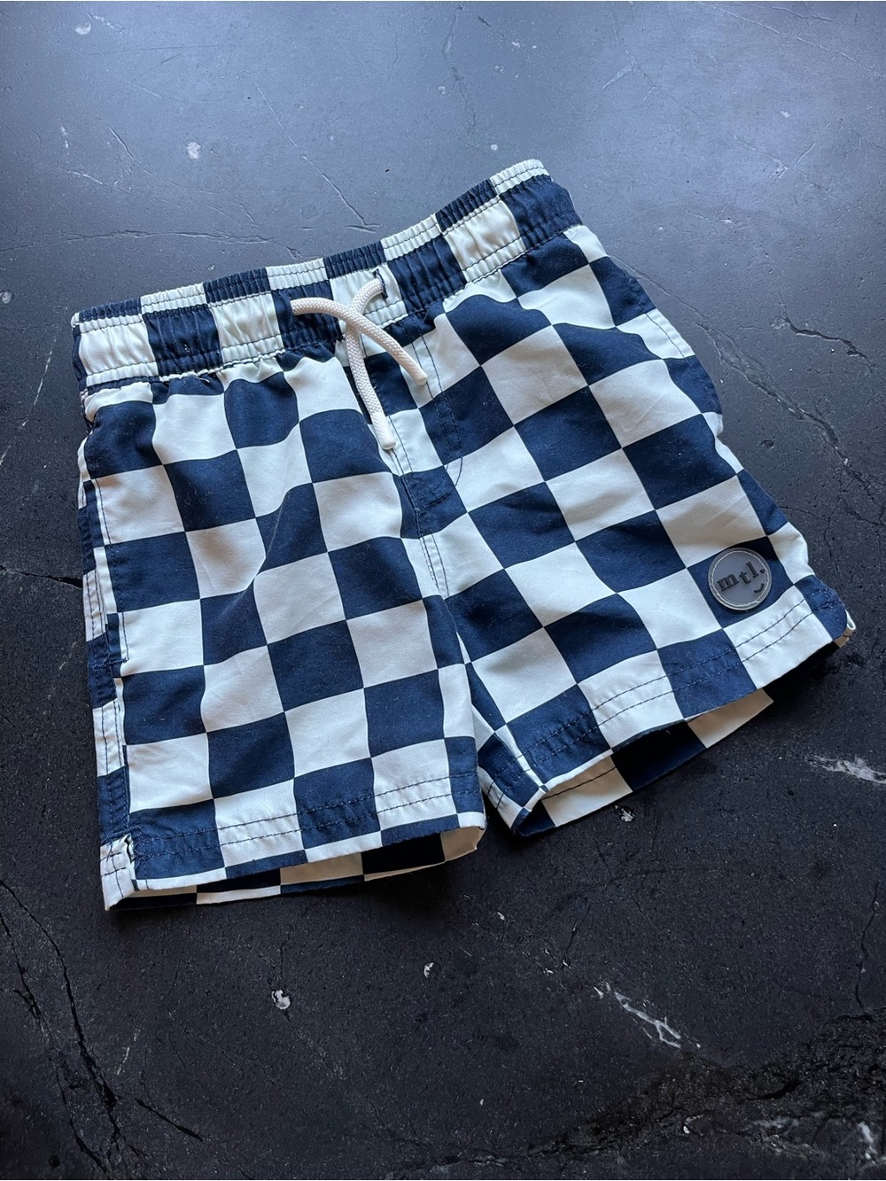 MILES THE LABEL - Toddler Boys Checkered Swim Trunks in Navy & Light Blue 2T